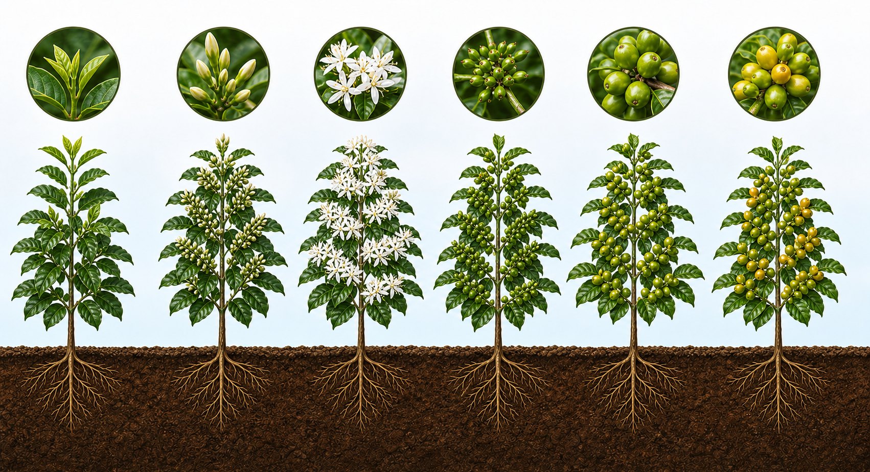 Fases do cafeeiro: brotação, pré-florada, florada, chumbinho, granação e pré-colheita